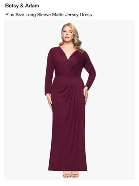 Betsy & Adam Long-Sleeve Matte Jersey Gown in Wine